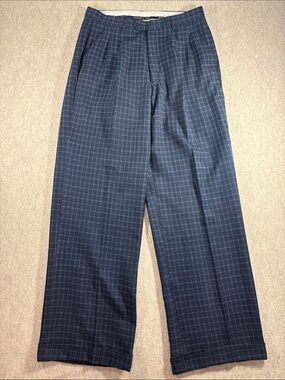 Statement Suits Men’s Super 150s Wool Blend Plaid Trousers Pleated Pants 34R